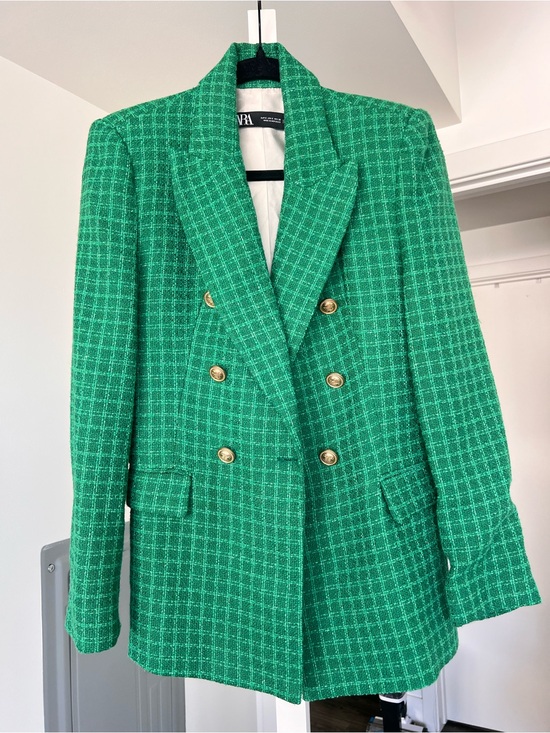 Zara Jackets & Blazers - Zara Emerald Green Textured Tweed Double Breasted Blazer Gold Buttons Size Small